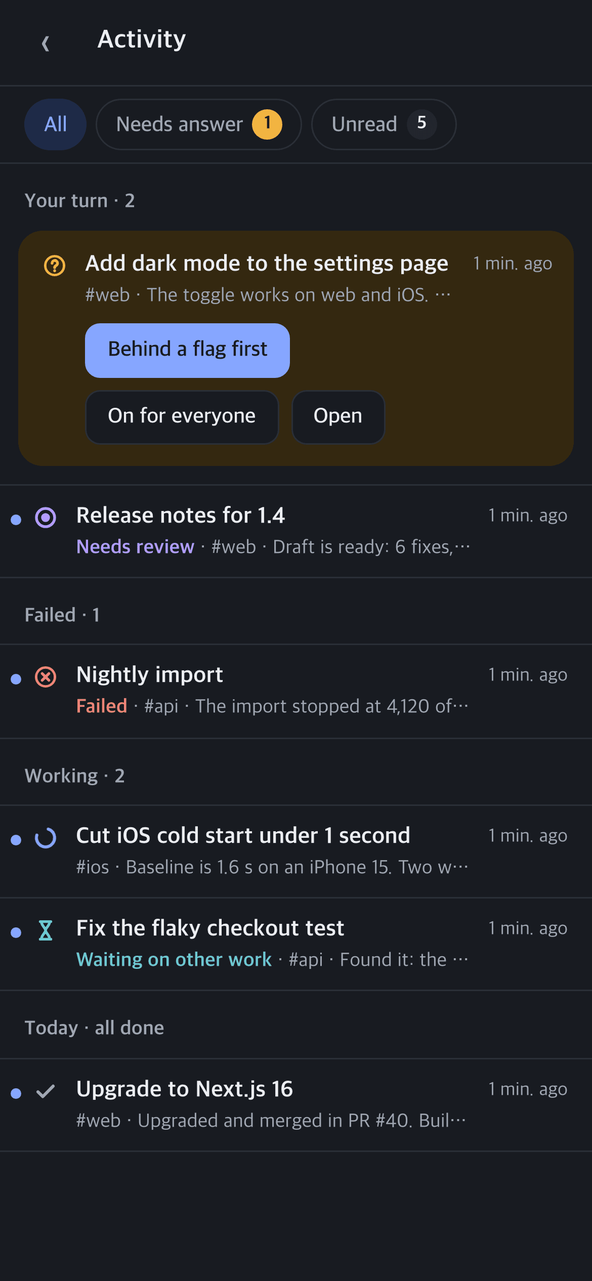 Activity on a phone: a question waiting for an answer, then review, failed, and in-progress threads